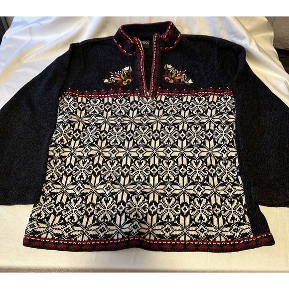 Erika Sweaters - 1/4 Zip Erika Size Med Women Ramie Cotton‎ Blend Sweater Black White Red Nordic